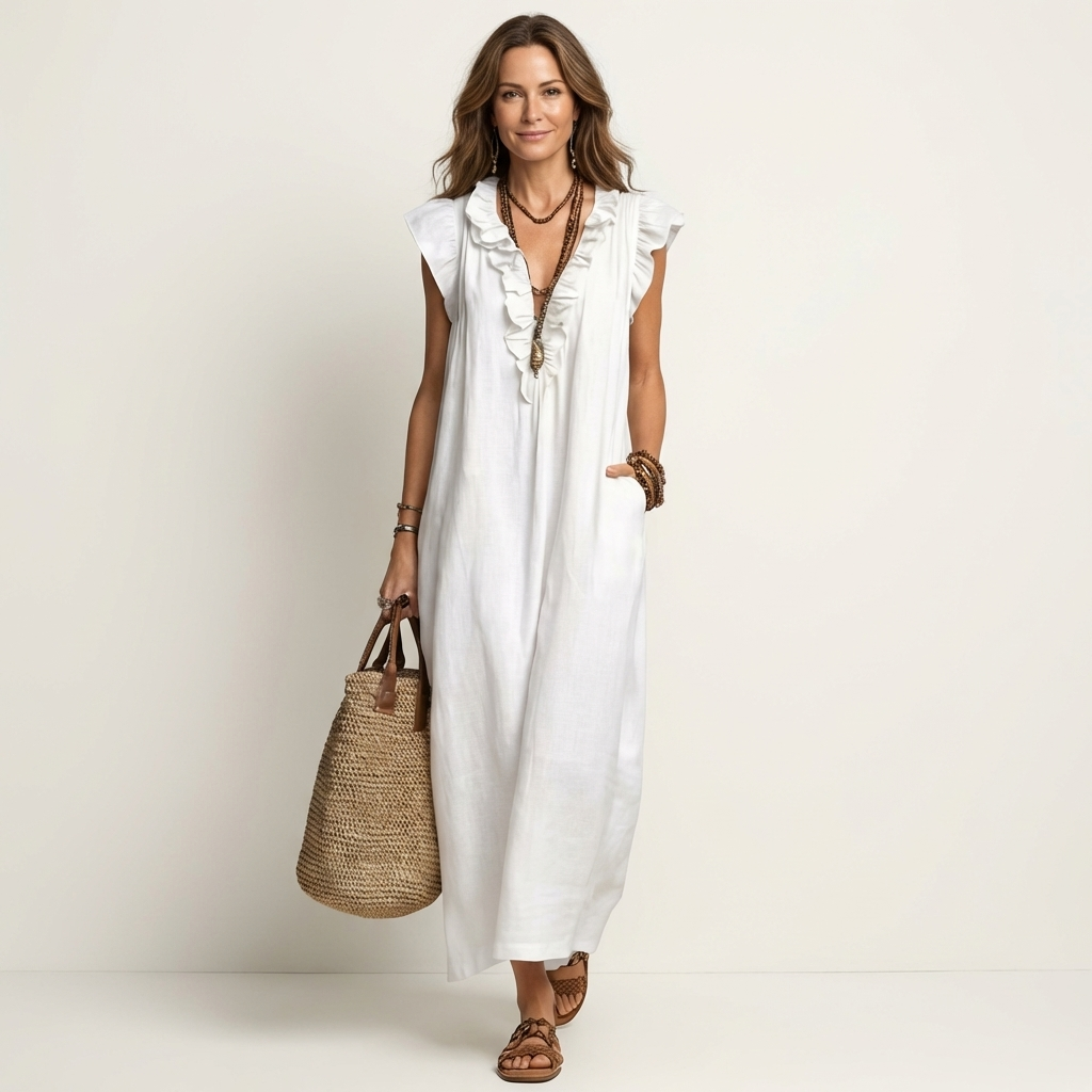 ELEGANT RUFFLE V-NECK MAXI DRESS