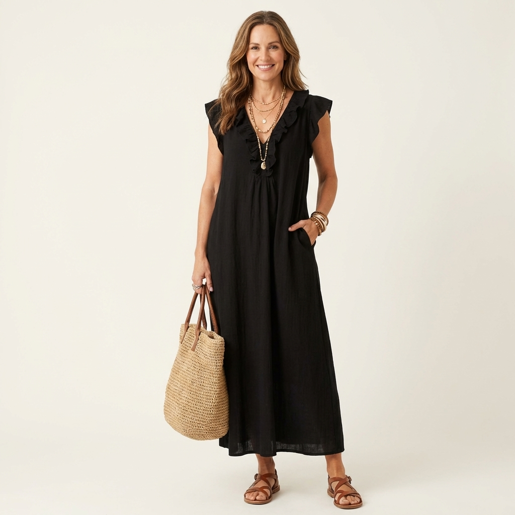 ELEGANT RUFFLE V-NECK MAXI DRESS