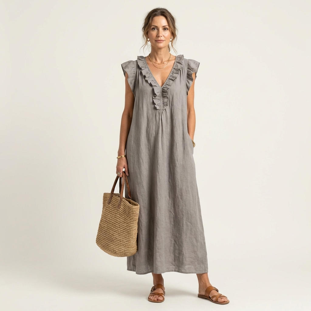 ELEGANT RUFFLE V-NECK MAXI DRESS