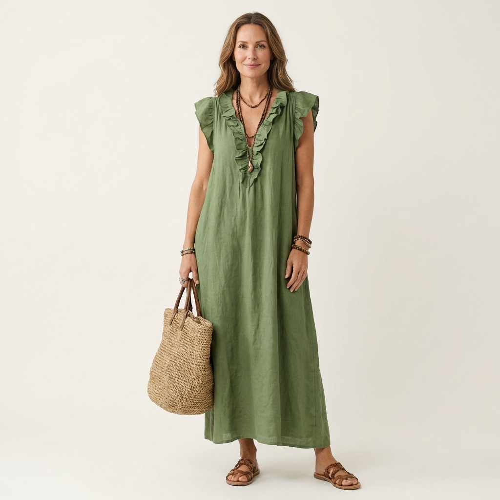 ELEGANT RUFFLE V-NECK MAXI DRESS