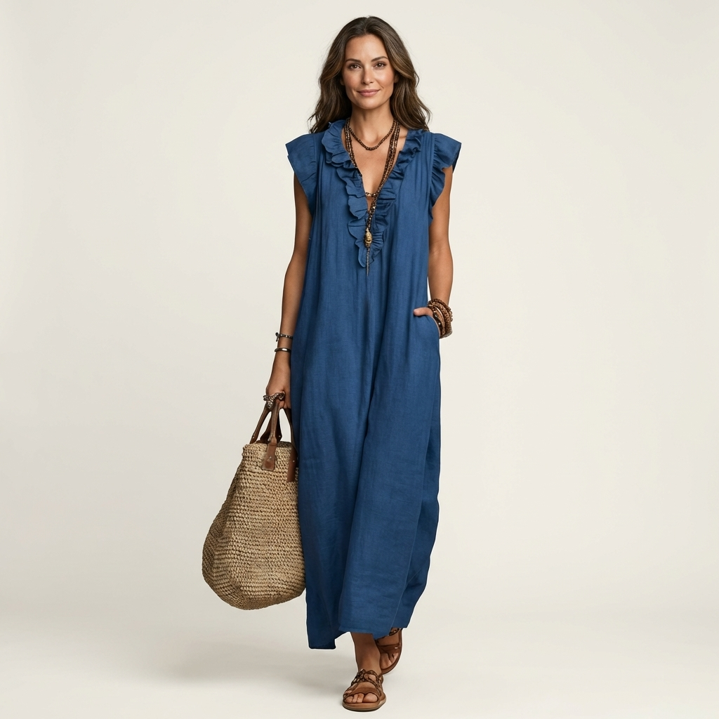 ELEGANT RUFFLE V-NECK MAXI DRESS